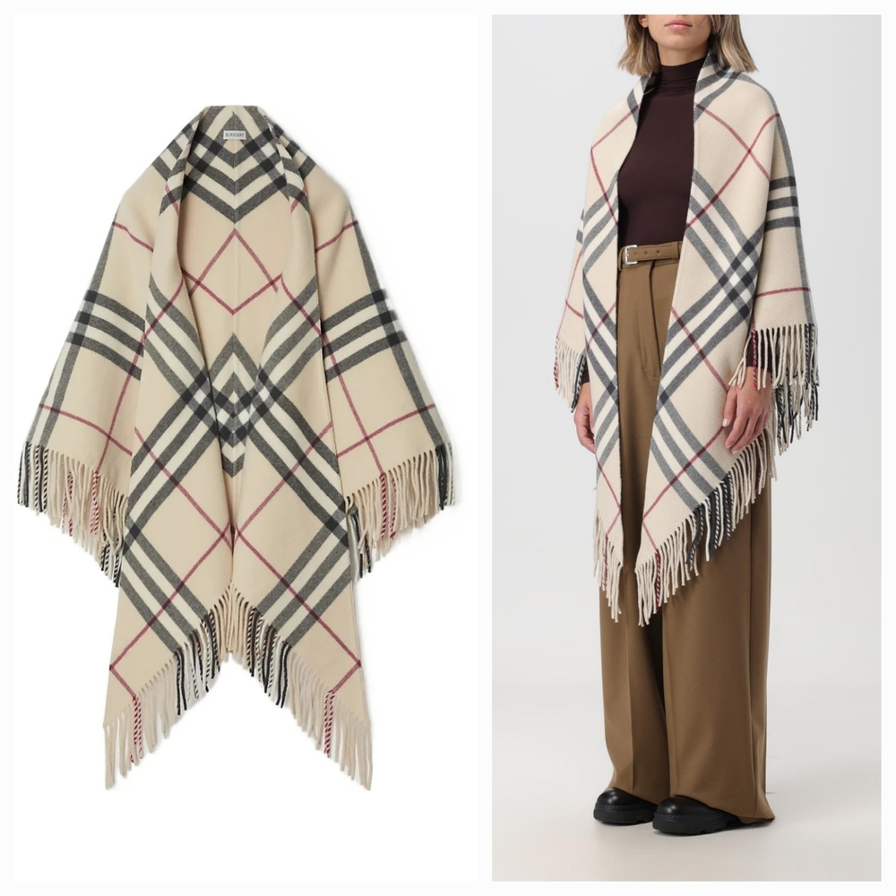 Burberry Bandana Check Fringe Wool Cape in Stone One Size NWT